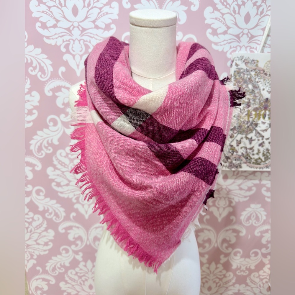 Reduced - Talbots Pink Plaid Fringe Wrap 
Scarf / Sarong - Picture 2 of 5